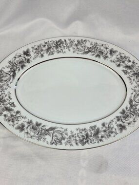 Style House Prestige Serving Platter 12 Inch Oval Gray Flowers on Rim